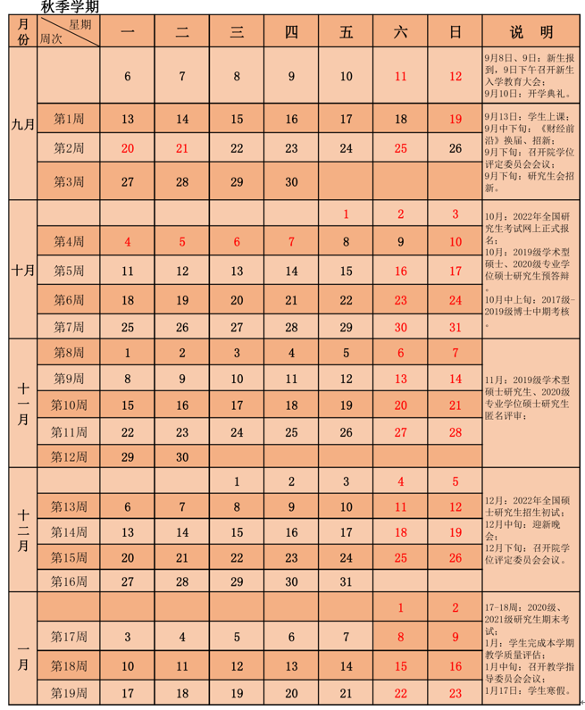 中國財政科學研究院研究生院2021-2022學年校歷（秋季學期）